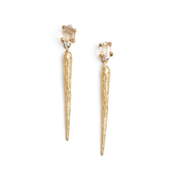 14kt recycled yellow gold textured spike earrings with clear herkimer diamonds.  