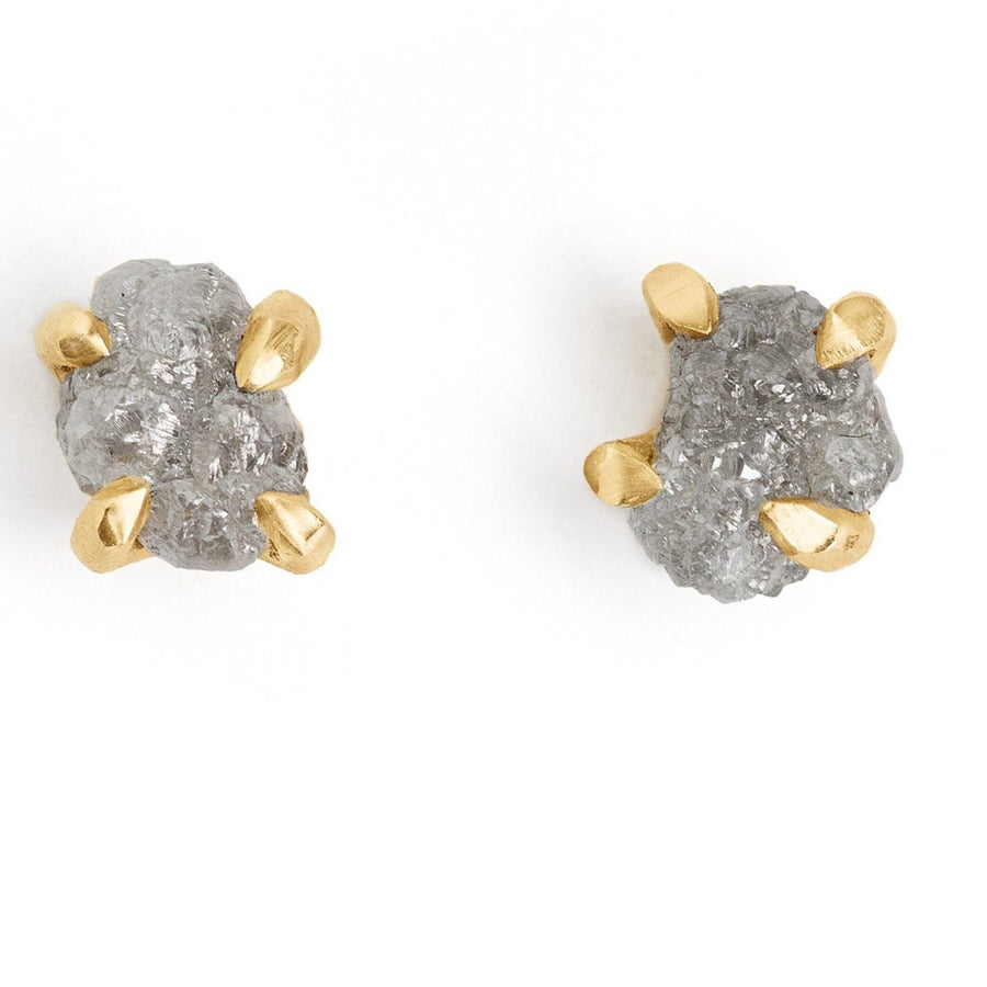 rough raw natural grey diamonds studs set in handmade 14kt gold setting 