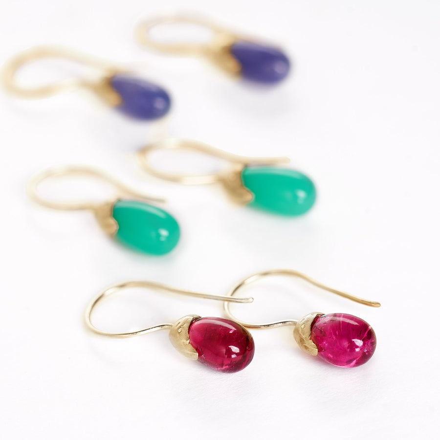 Natural  rubellite, tanzanite, tourmaline and chrysoprase  14kt gold earrings drops with organic handmade texture 