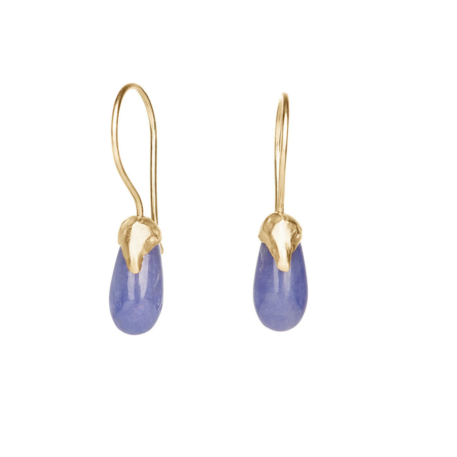 Tanzanite drop earrings in 14kt yellow gold with organic  cap and simple drop earrings