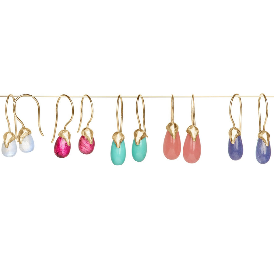 Natural Turquoise, Moonstone, cherry quart, tanzanite, tourmaline  14kt gold earrings drops with organic handmade texture 
