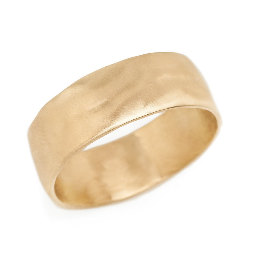 Men's 8mm wide recycled yellow gold soft textured wedding band in matte finish. Inspired by the ocean. 