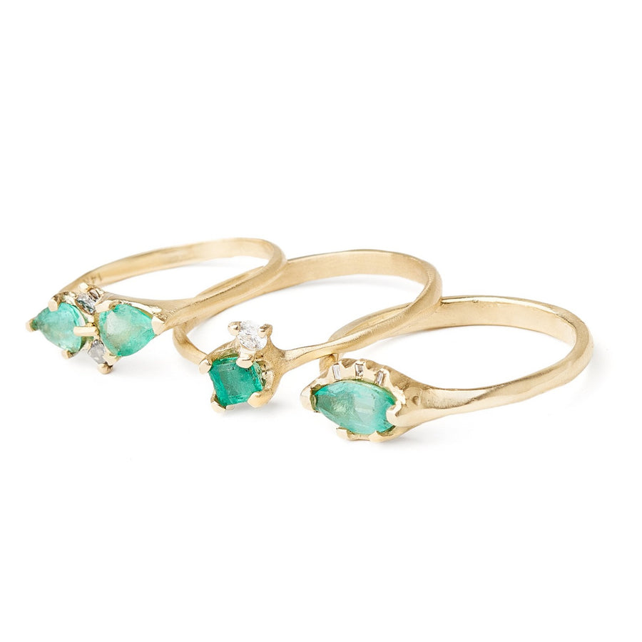 unique emerald rings with diamonds set in 14kt recycled yellow gold ethically sourced stones handmade with care.
