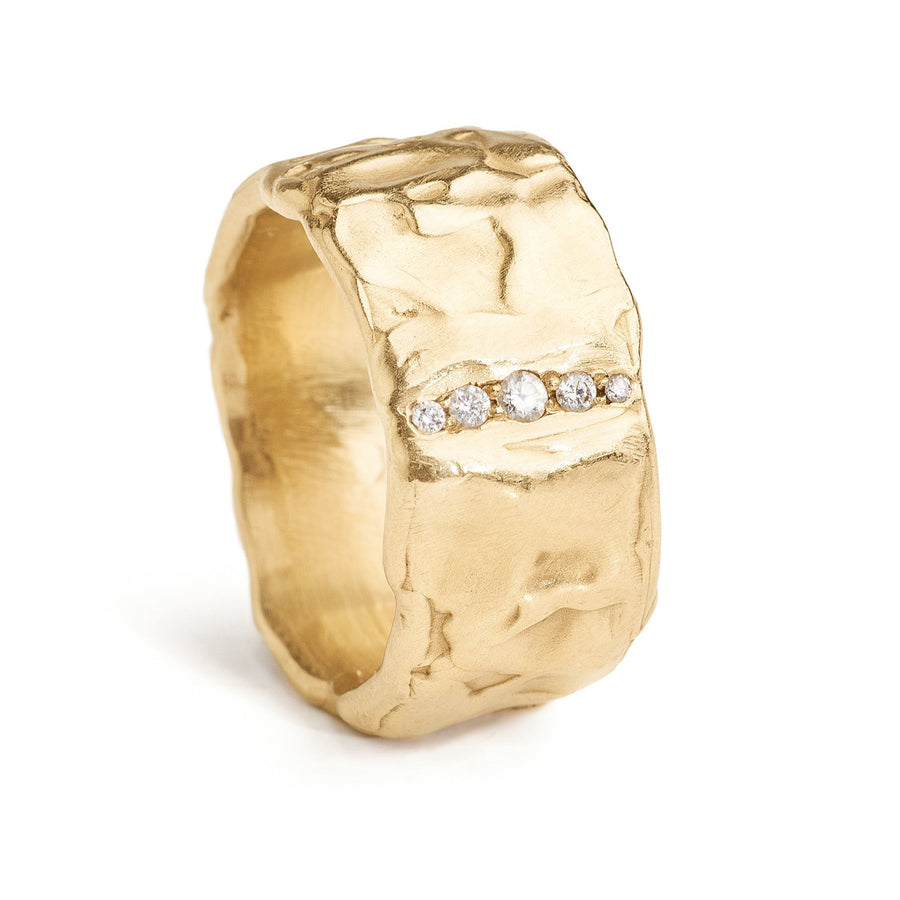 Extra wide wedding band.  14kt gold cigar band with diamonds. Heavy molten gold textured wide band. 