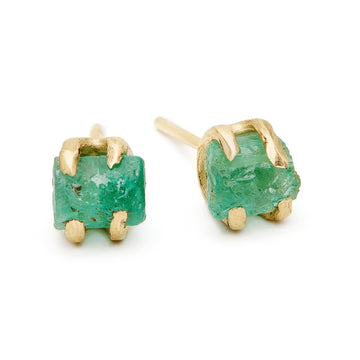 Rough emeralds earrings. Rough emeralds responsibly sourced and hand set in 14kt recycled yellow gold. 