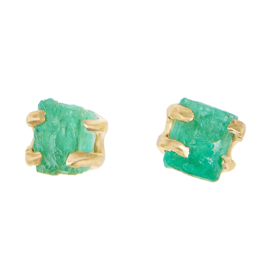 Rough emeralds stud earrings. Natural emerald rough is responsibly sourced and hand set in 14kt recycled yellow gold. 