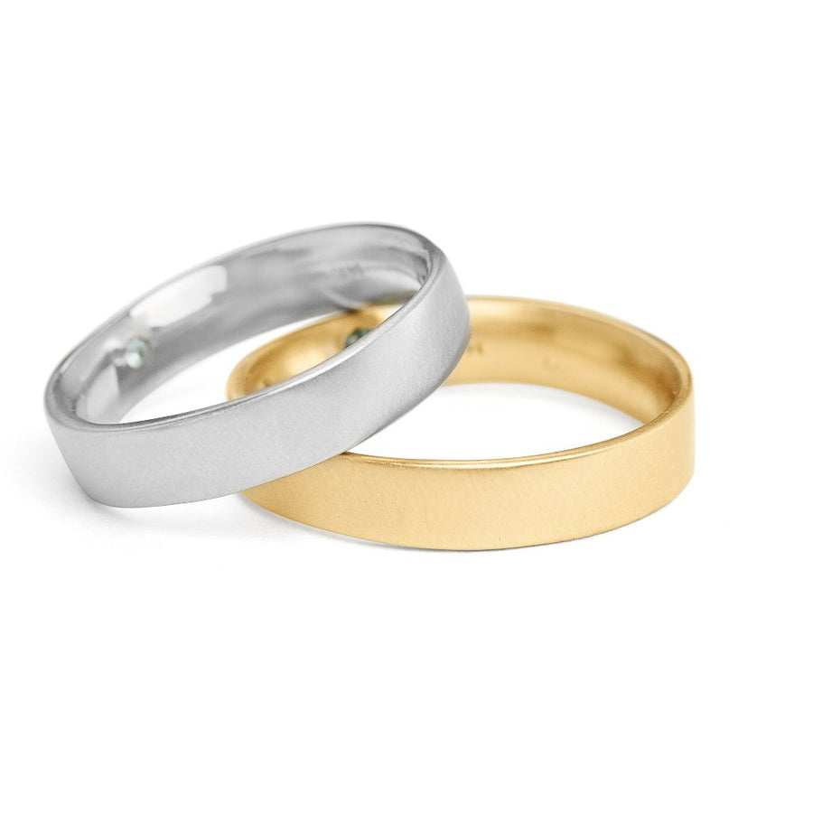 5mm square men's wedding bands 14kt yellow or 14kt white gold with gemstone set on the inside and comfort fit