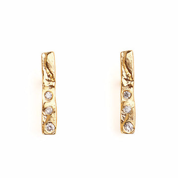 Simple, textured delicate 14kt gold bar earring studs with diamonds 