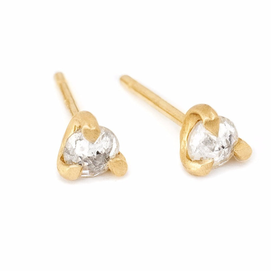 tiny white rose cut diamond studs, 14kt yellow gold diamond stud earrings