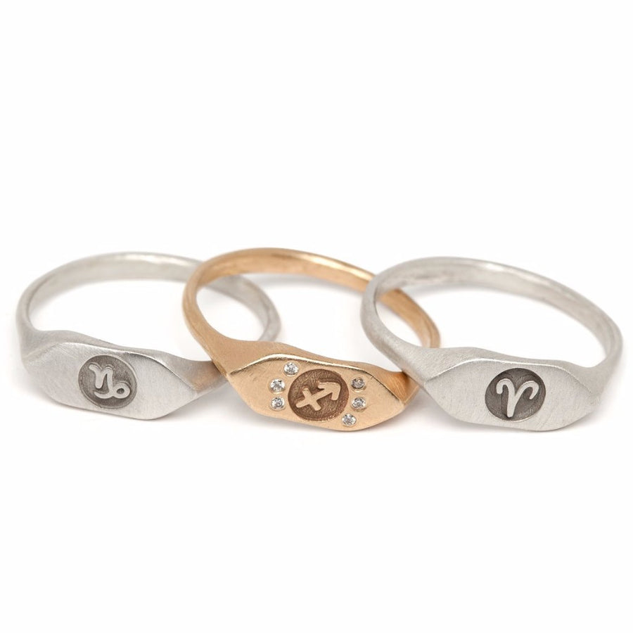 Signet horoscope pinky rings custom zodiac sign jewelry in recycled sterling silver or 14kt gold