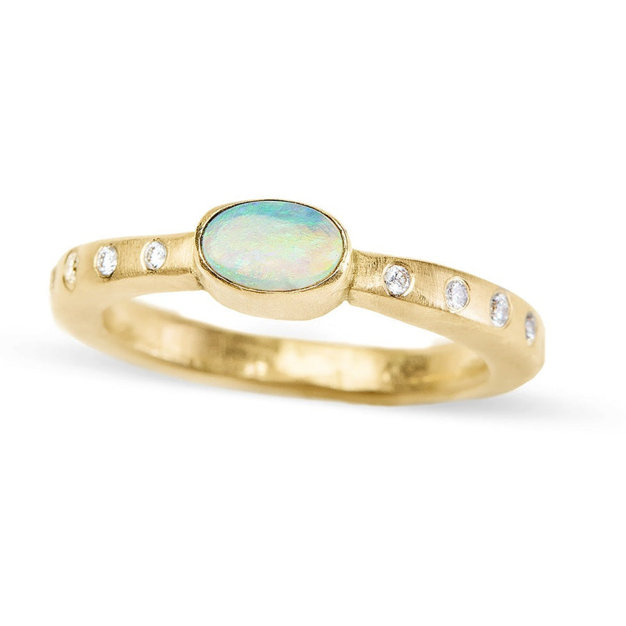 Opal Ring handmade in Brooklyn. Oval Fiery Opal Set in 18kt recycled yellow gold square band with side diamonds. A beautiful alternative engagement ring or additional to any ring stack. 