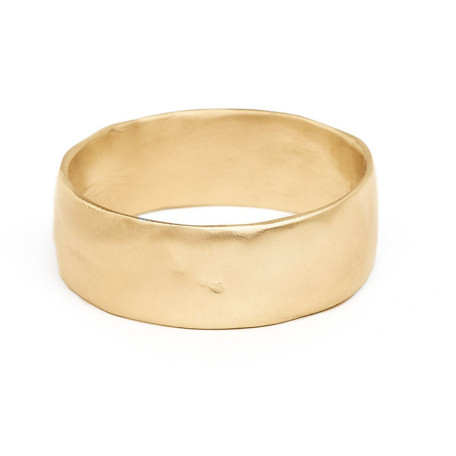 Men's 8mm wide gold soft textured wedding band in matte finish