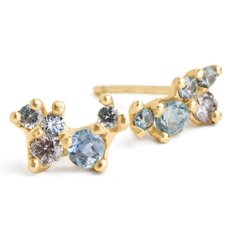 Gemstone cluster studs hand-made in Brooklyn. Montana Sapphires and grey diamond cluster stone earrings set in 14kt yellow gold 