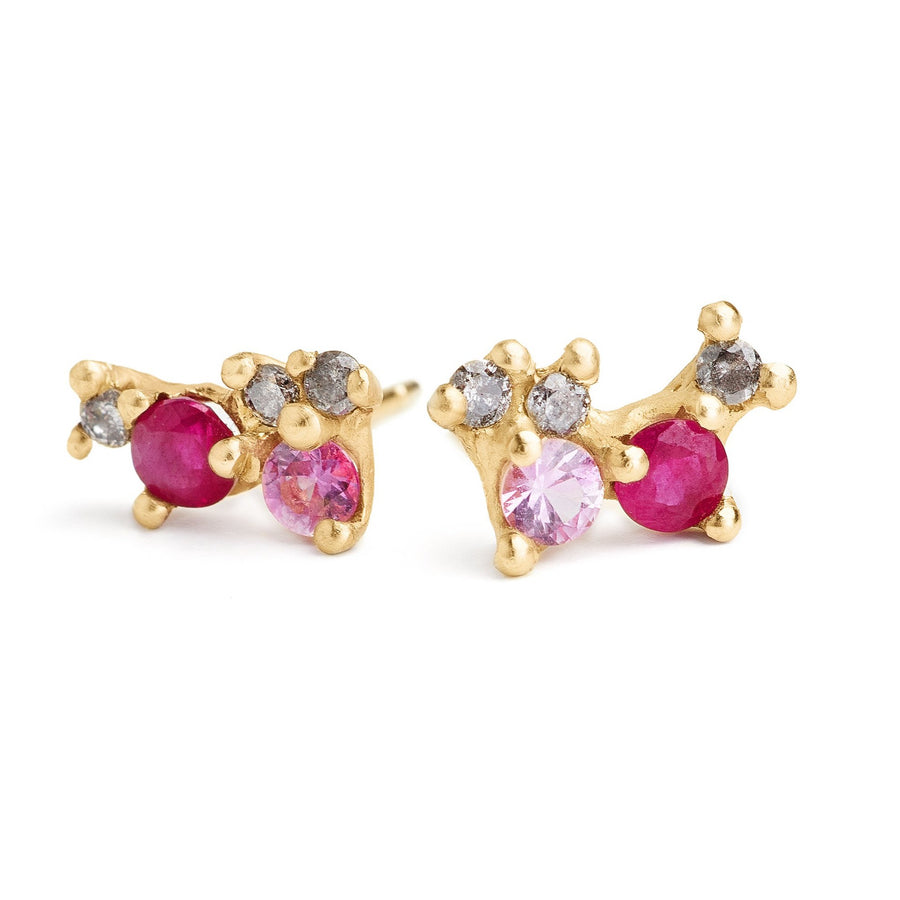 Ruby, pink sapphire and grey diamonds multi-gem earring clusters