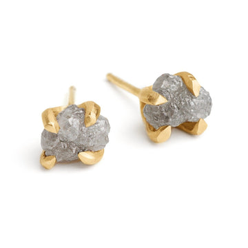 rough raw natural grey diamonds studs set in handmade 14kt gold setting 