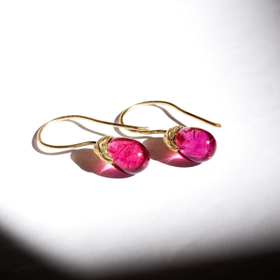 rubellite tourmaline gemstone drops 14kt gold organic earrings