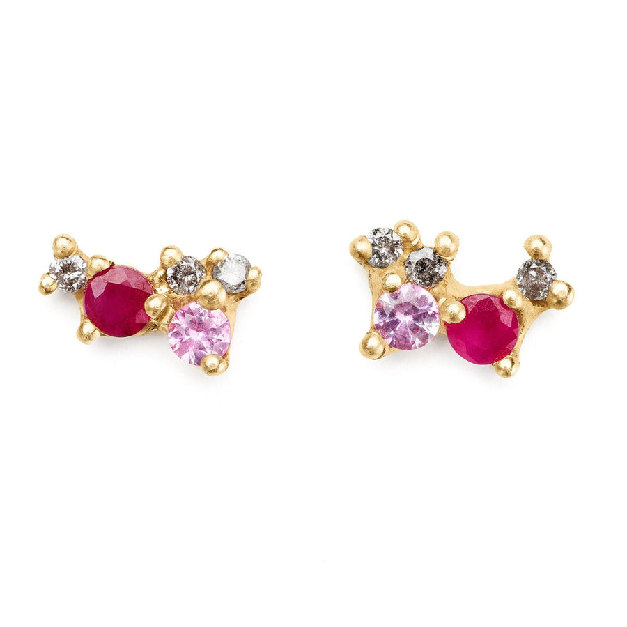Ruby, pink sapphire and grey diamonds multi-gem earring clusters