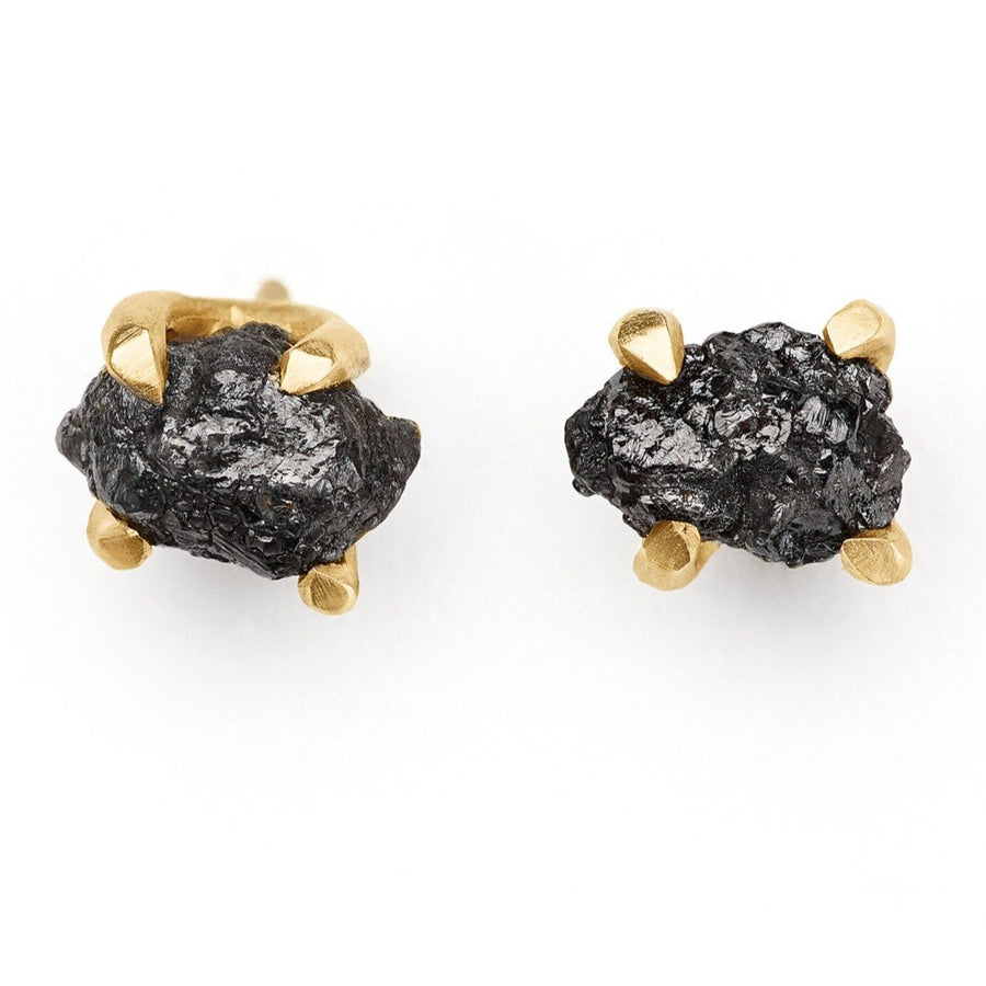 rough raw black diamonds studs set in handmade 14kt gold setting 