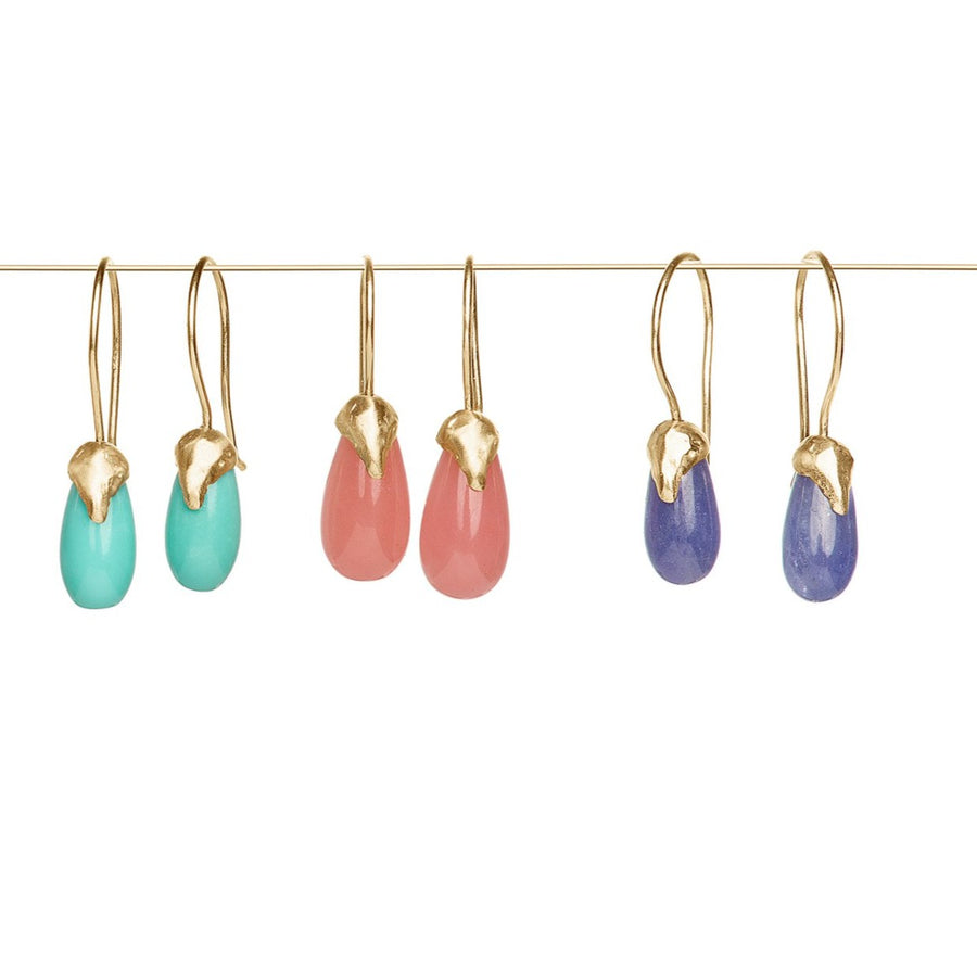 tanzanite drop earrings, turquoise drop earring and guava quartz drop earring with organic 14kt gold cap on ear wire drop 