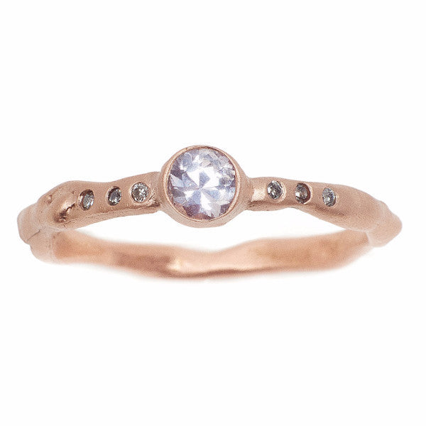 Blush sapphire and reclaimed grey diamond ring set in 14kt recycled rose gold. Handmade organic setting.  Sustainable and affordable engagment rings made in Brooklyn NY using recycled gold and reclaimed sustainable gemstones. Alternative bridal 
