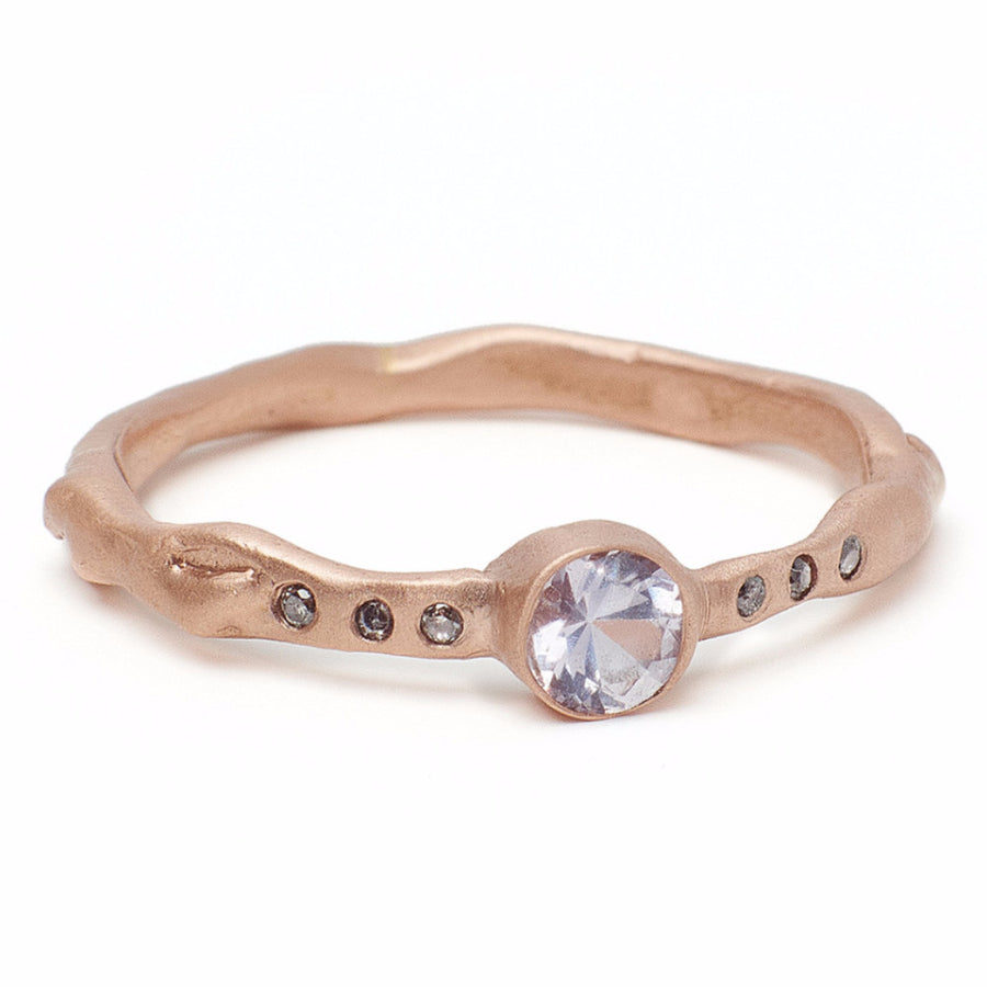 Blush sapphire and reclaimed grey diamond ring set in 14kt recycled rose gold. Handmade organic setting.  Sustainable and affordable engagment rings made in Brooklyn NY using recycled gold and reclaimed sustainable gemstones. Alternative bridal 