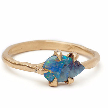 Fiery Boulder Opal Ring set in recycled 14kt gold organic setting. Beautiful alternative opal engagment ring