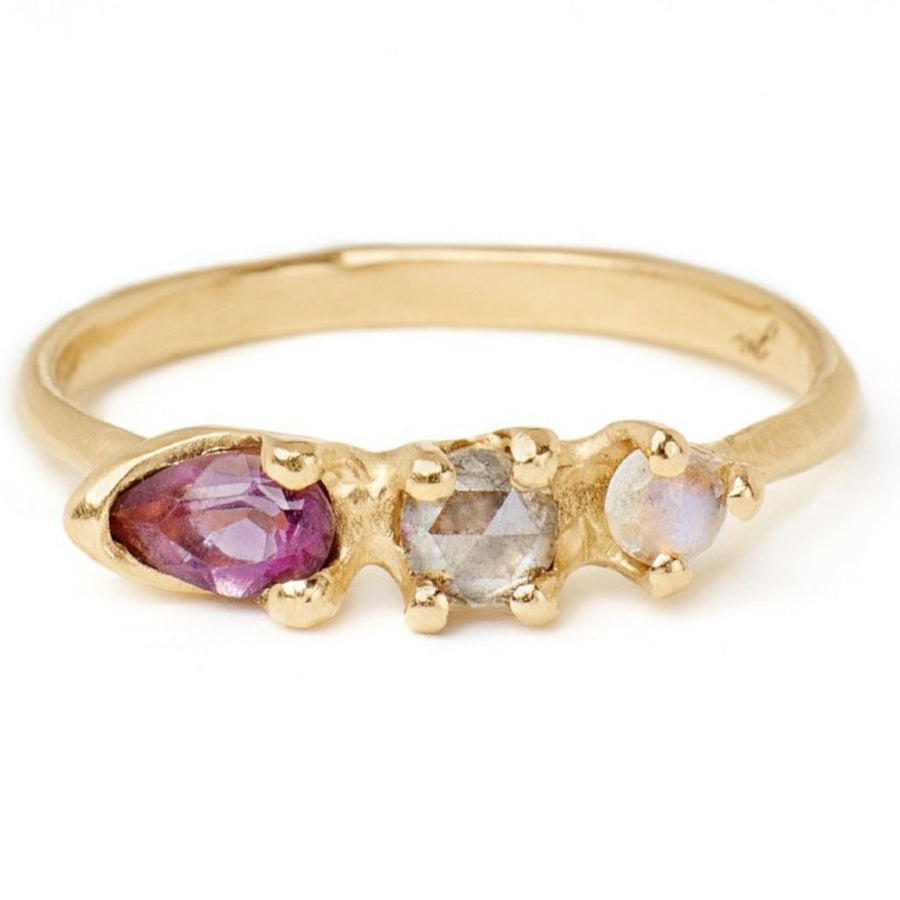 gem story ring with amethyst birthstone, grey rose cut diamond and moonstone multi gemstone ring hand made in Brooklyn NY 