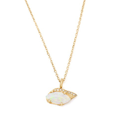 Opal pendant necklace with diamonds 14kt yellow gold handmade in Brooklyn NY