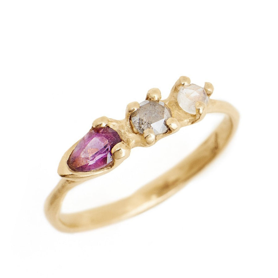 14kt gold ring with pear cut amethyst birthstone, grey rose cut diamond and moonstone multi gemstone ring hand made in Brooklyn NY 