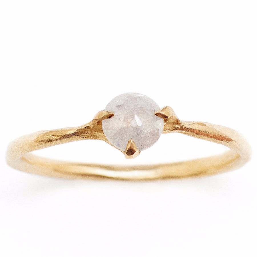 Rose Cut white diamond  ring set in handmade setting.  Sustainable and affordable engagment rings made in Brooklyn NY using recycled gold and reclaimed diamonds. Alternative bridal 