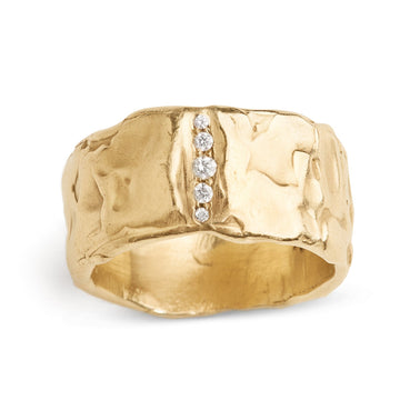 Extra wide 14kt gold cigar band with diamonds. Heavy molten gold textured wide band. 