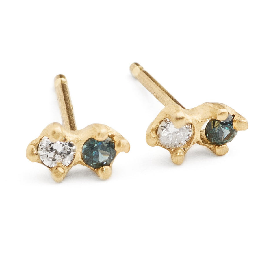 Small diamond and sapphire stud earring in yellow gold double stone earrings