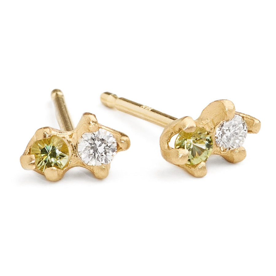 Small delicate double stone earrings diamond and peridot