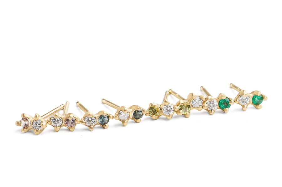 Double Sloan style stud earrings multi-gem studs. emerald, diamond, spinel, Montana teal sapphire or peridot. Birthstone earrings