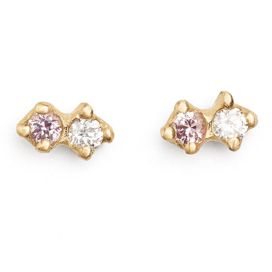 Delicate gold earrings. Small diamond double studs with spinel