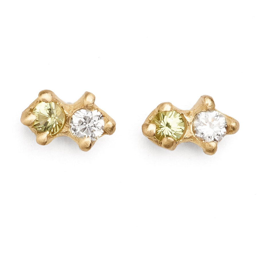 Tiny double diamond studs with peridot birthstone set in 14kt yellow gold 