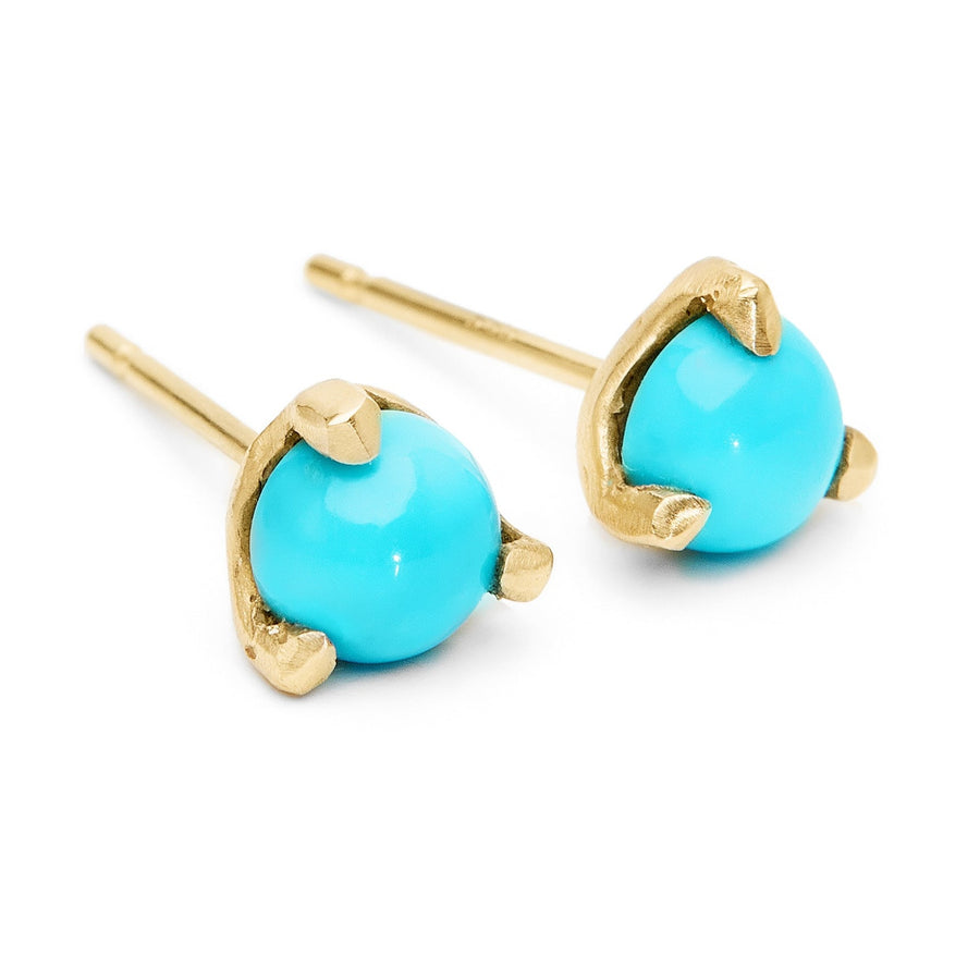 Robins egg blue Turquoise stud earrings set in a handmade 14kt gold prong setting. Sleeping Beauty turquoise earrings made in Brooklyn 