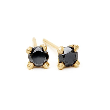 Full Cut black diamond solitaire stud earrings. Ethically sourced black diamond set in recycled 14kt yellow gold. 4mm black diamond earrings