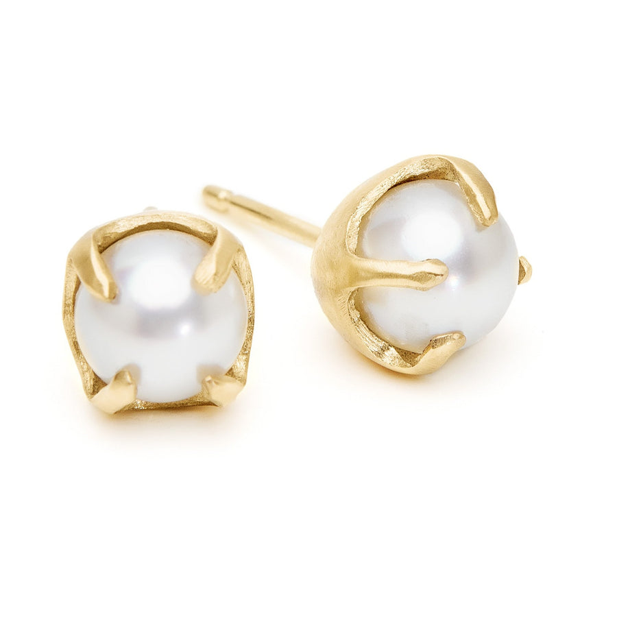 18kt yellow gold Ayoka Pearl stud earrings. Non-traditional classic earrings. 6.5mm white pearl stud earrings. 