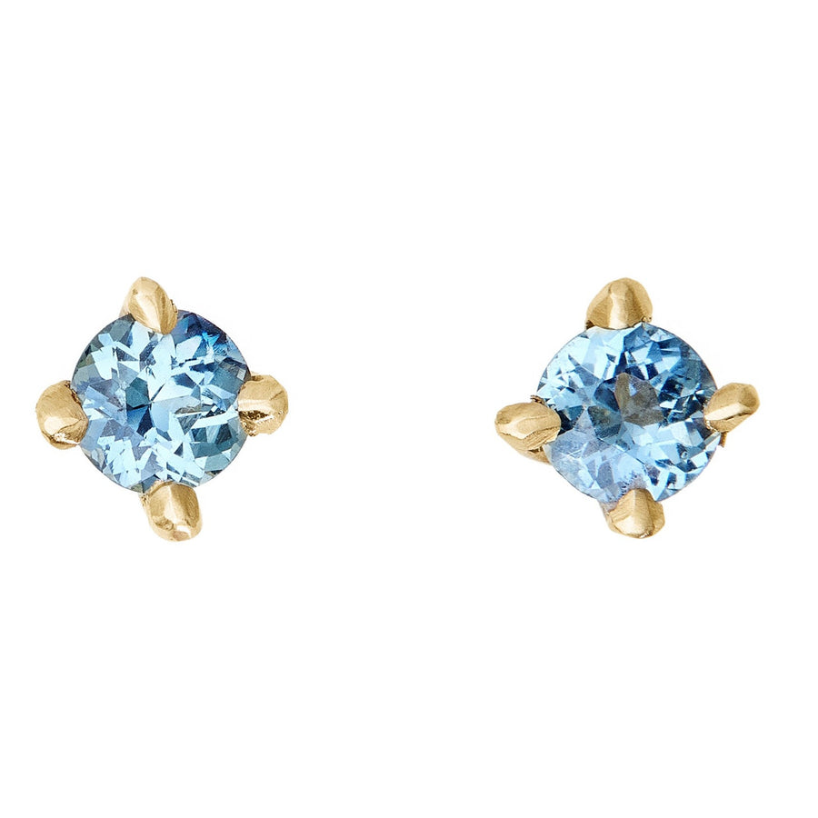 Magical 4mm blue sapphire studs. Pale Teal Blue full cut Australian sapphire studs earrings set in handmade 14kt yellow gold prong settings. Handmade in Brooklyn NY 
