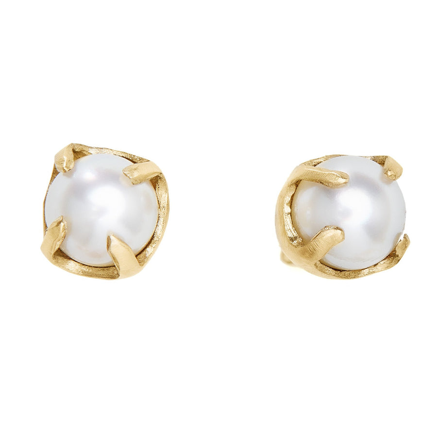 18kt yellow gold Ayoka Pearl stud earrings. Non-traditional classic earrings. 6.5mm white pearl stud earrings. 