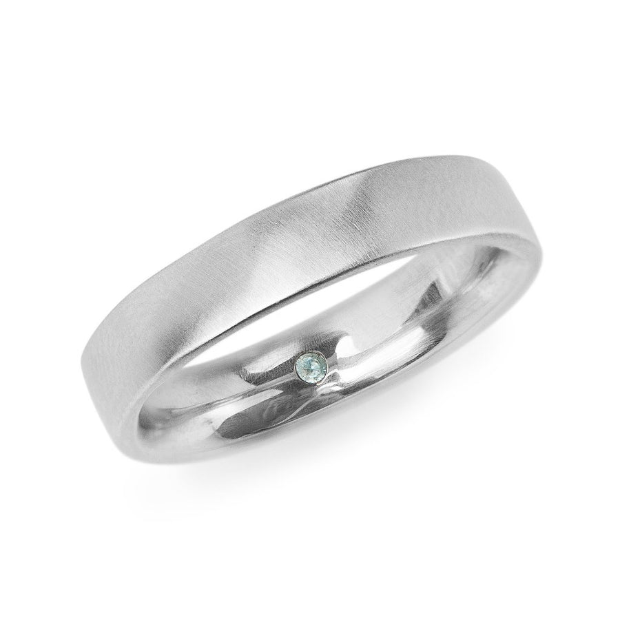 5mm square white gold men's band with comfort fit and secret emerald set inside. Clean modern men's wedding band 
