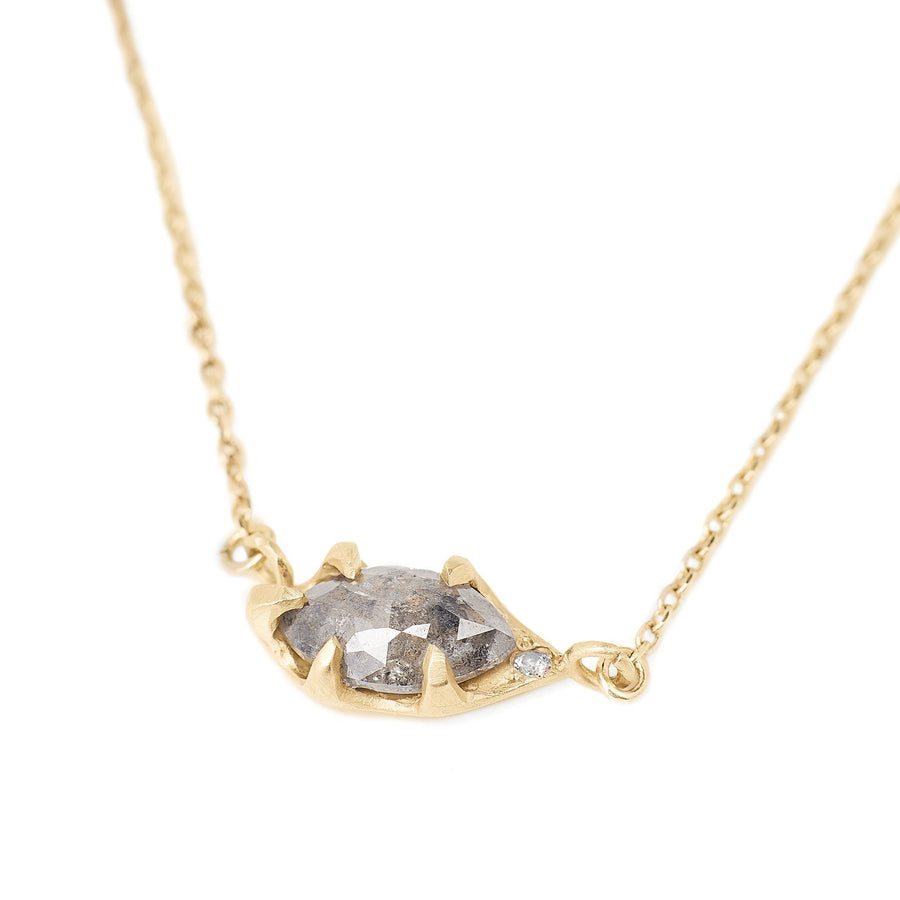Salt and pepper rose cut diamond necklace set in 14kt gold. Diamond necklace incorporated into the delicate chain. Simple rose cut diamond necklace with a hidden pink diamond accent.