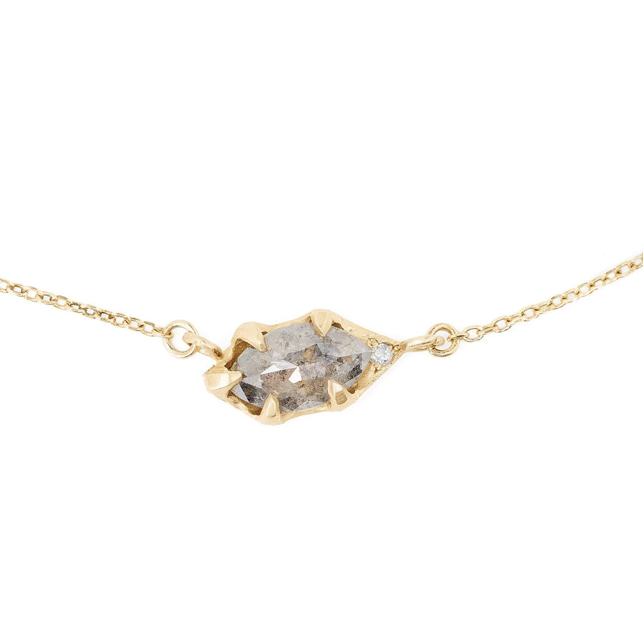Salt and pepper rose cut diamond necklace set in 14kt gold delicate and simple with a hidden pink diamond accent