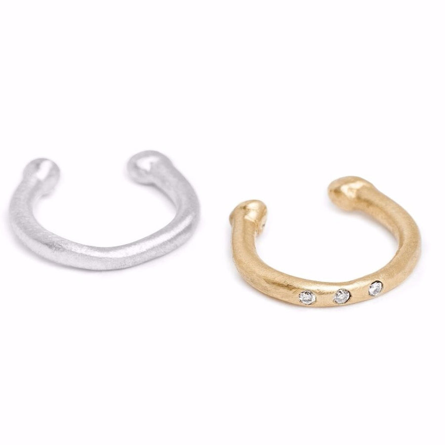 handmade simple understated ear cuff earrings 14kt gold with diamonds and silver