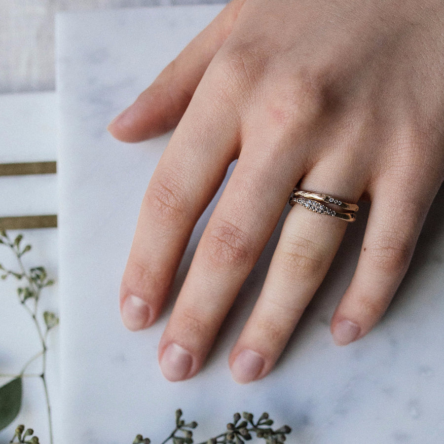 unusual wedding band, gold ring with diamonds, texture rings, grey diamonds