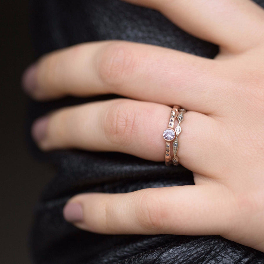 Blush sapphire and reclaimed grey diamond ring set in 14kt recycled rose gold. Handmade organic setting.  Sustainable and affordable engagment rings made in Brooklyn NY using recycled gold and reclaimed sustainable gemstones. Alternative bridal 