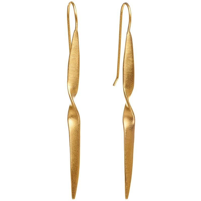 Long Gold Earrings with an elegant twist and a knife edge point. Edgy and elegant perfect dramatic wedding earrings. 
