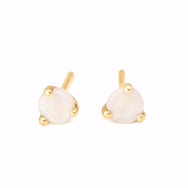 tiny delicate round white opal studs set in 14kt recycled yellow gold 