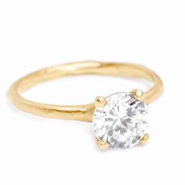 Round white diamond solitaire prong set engagment ring 14kt yellow gold organic handmade texture